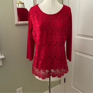 LAVENA FASHION, RED LACE BLOUSE WITH SCALLOP FRIDGE HEM, SIZE: L